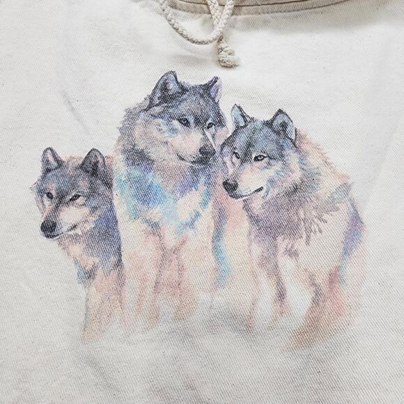 Vintage Wek The World Sweatshirt Mens 2(XL) Beige Wolves Wildlife Drawstring Hem - Picture 3 of 11